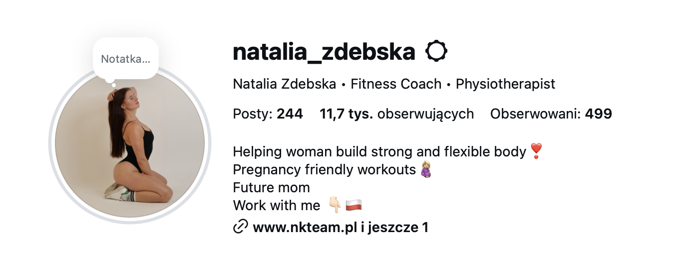 Instagram profile natalia_zdebska – Fitness Coach, Physiotherapist, 11.7K followers